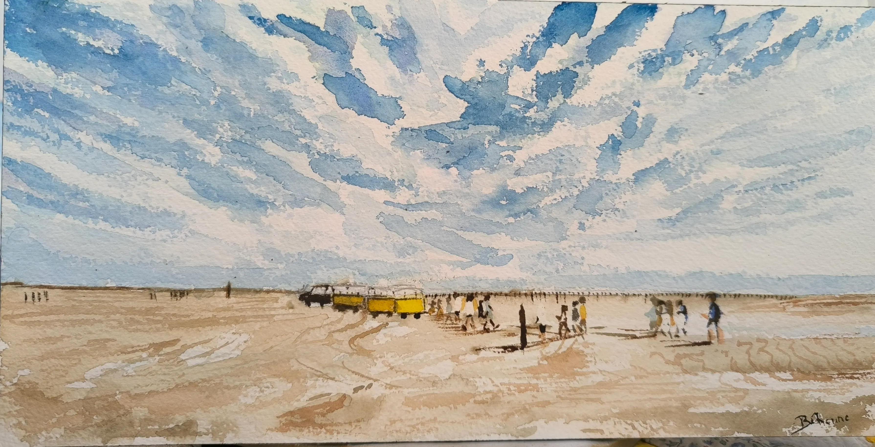 A marée basse, le train sur la plage, aquarelle de Béhenne