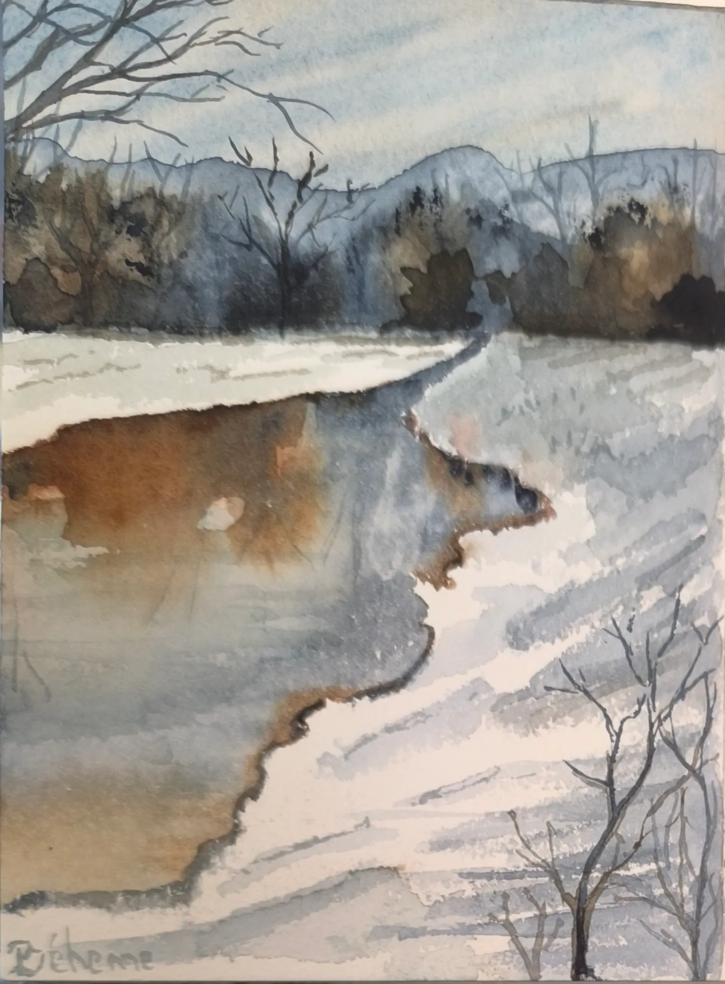 Ambiance hivernale 3, aquarelle de Béhenne