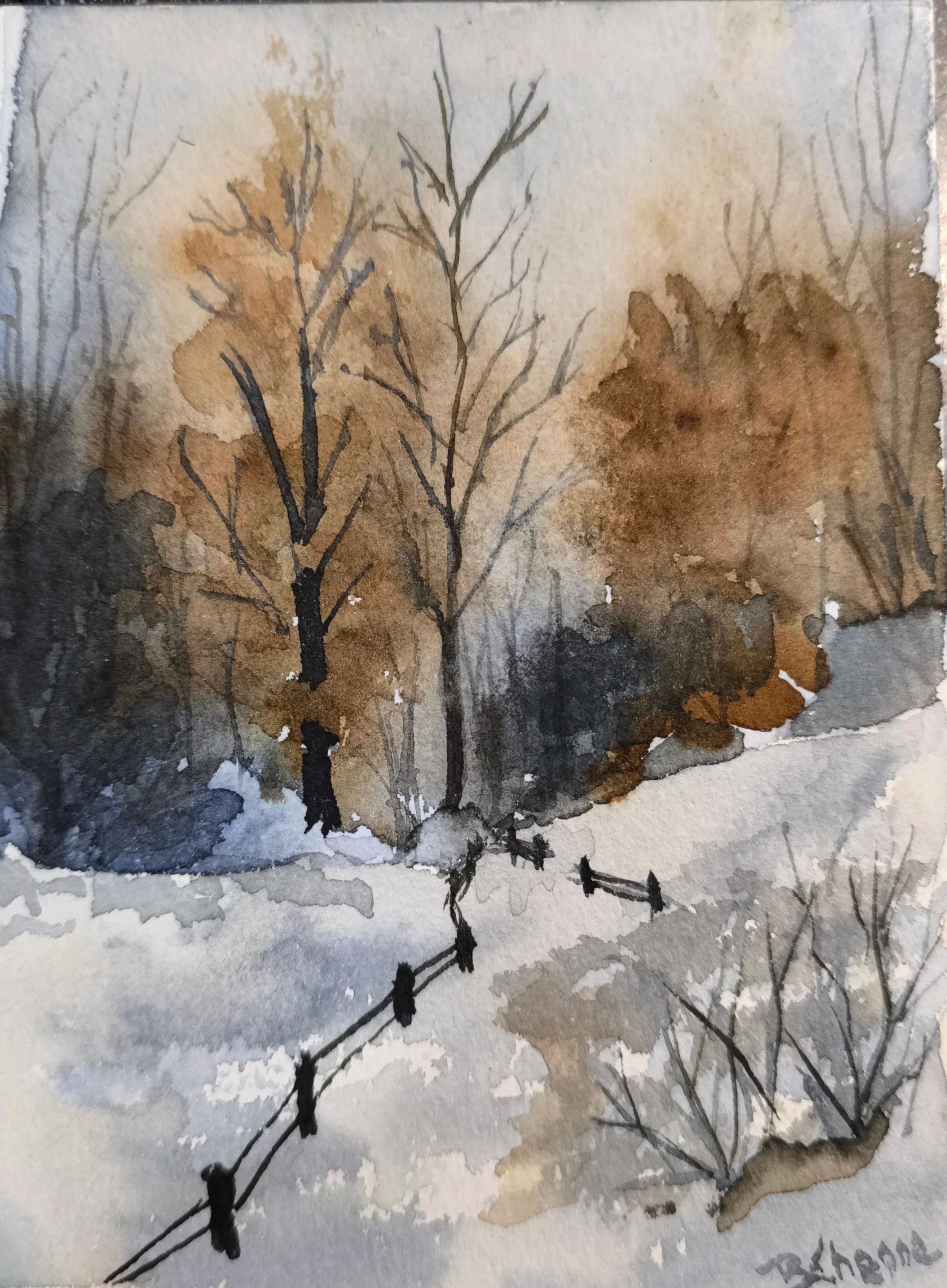 Ambiance hivernale 4, aquarelle de Béhenne