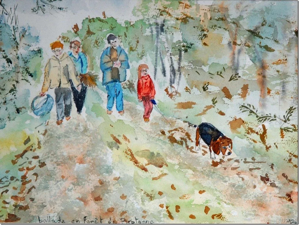 Balade familiale en forêt de Brotonne, aquarelle de Béhenne