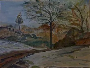 Balade hivernale en campagne, aquarelle de Béhenne