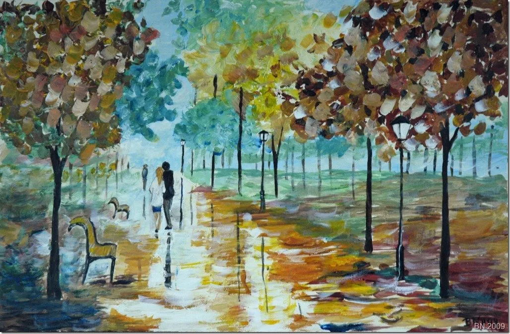 Ballade d’automne après la pluie, acrylique de Béhenne