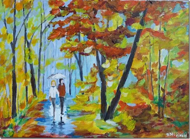 Ballade en forêt l’automne, acrylique de Béhenne