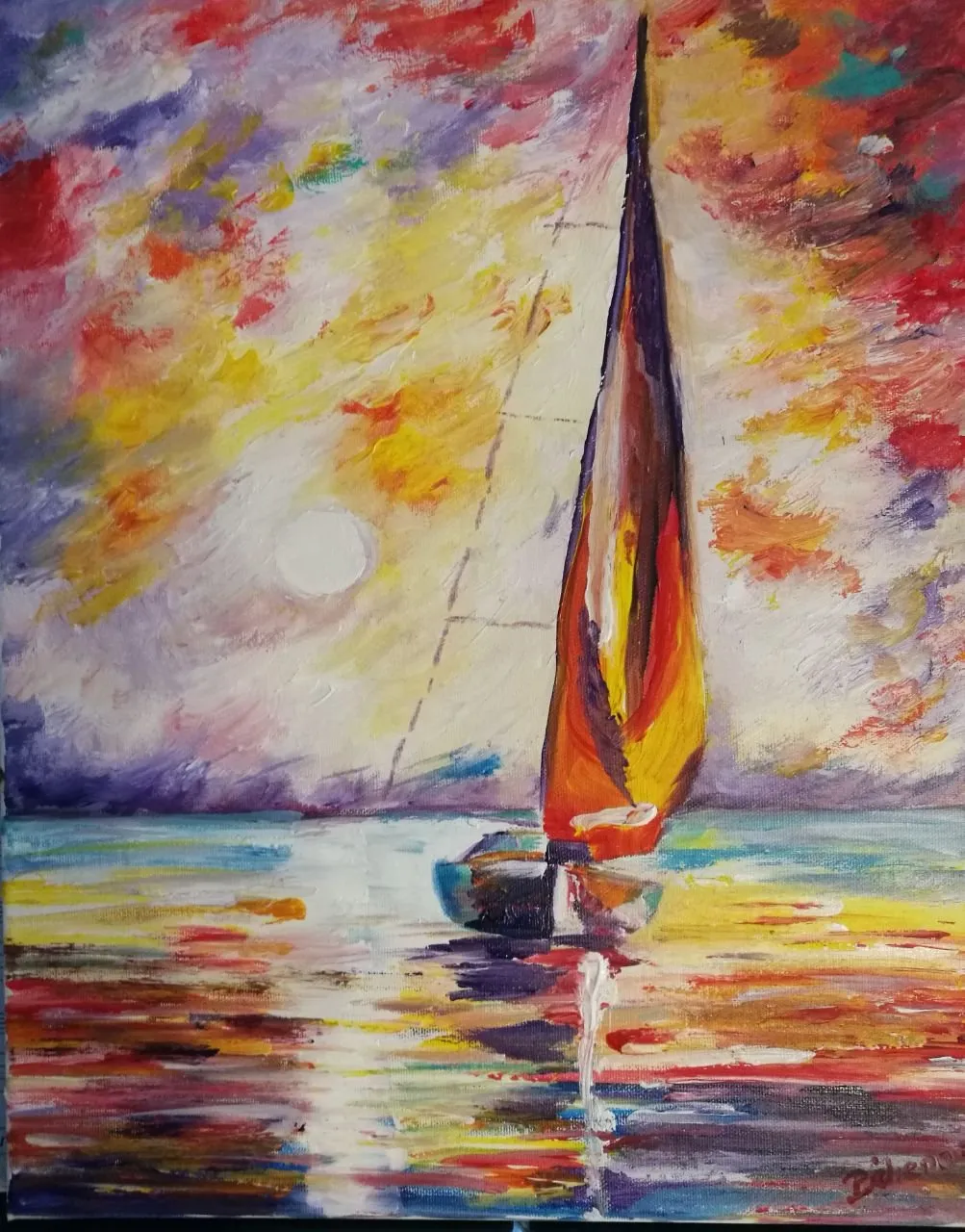 Bateau dans le coucher de soleil 2, acrylique de Béhenne