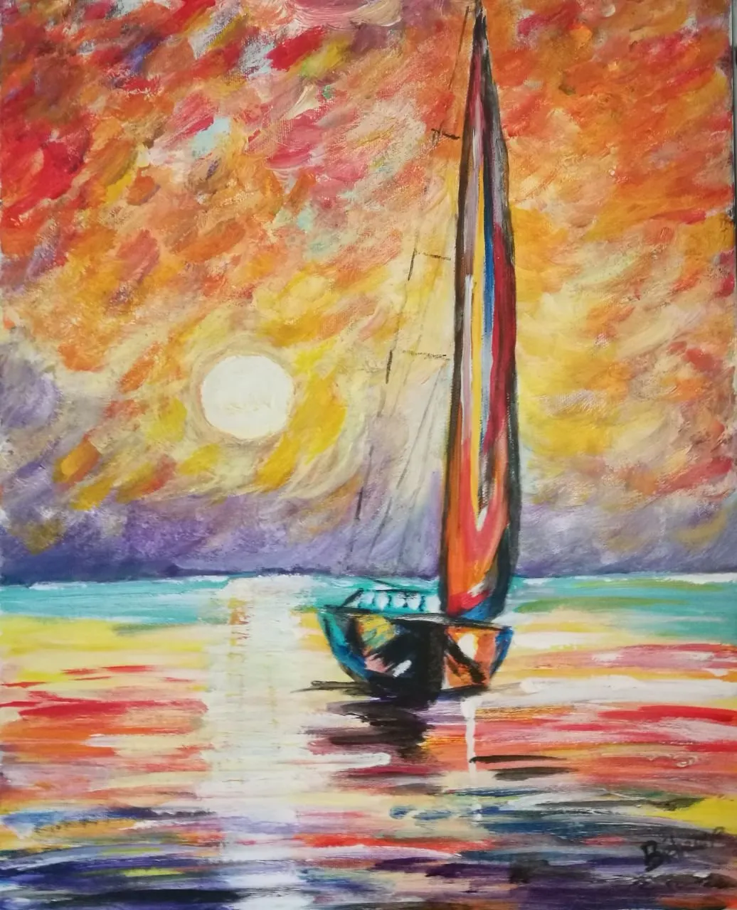 Bateau dans le coucher de soleil, acrylique de Béhenne