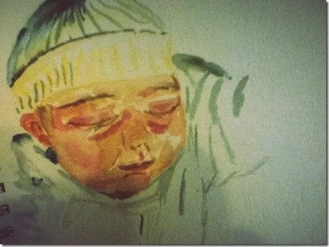 Bébé tient le doigt de maman, aquarelle de Béhenne