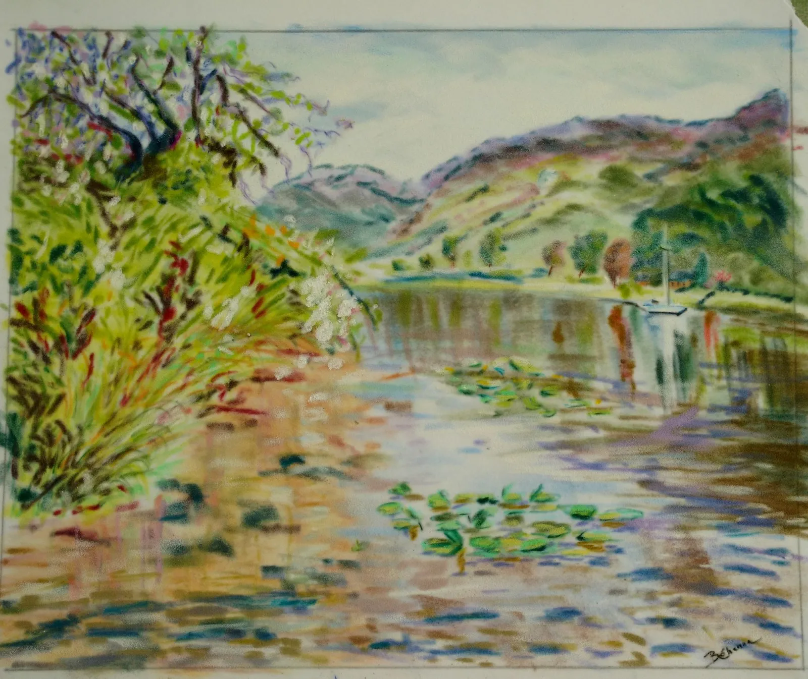 Bord d'une île sur la Seine, du côté de Pôses, pastel de Béhenne
