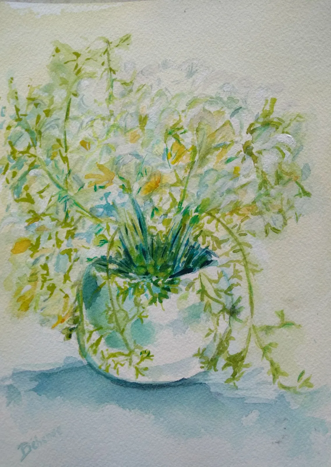 Bouquet rond de fleurs blanches, aquarelle de Béhenne