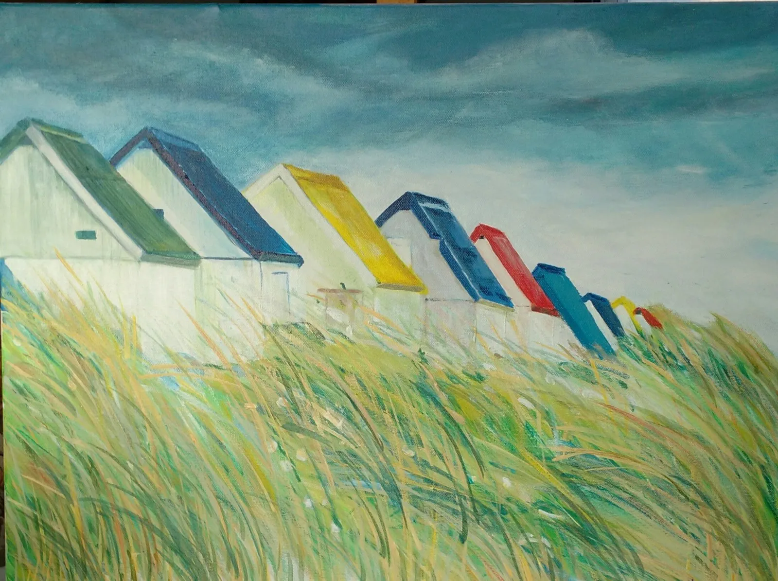 Cabanes de Gouville, à Gouville sur Mer, acrylique de Béhenne
