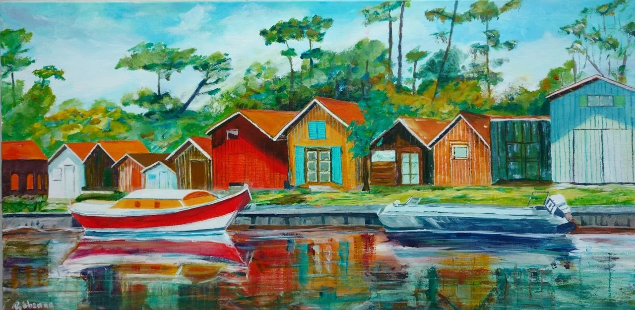 Les cabanes de Biganos, acrylique de Béhenne