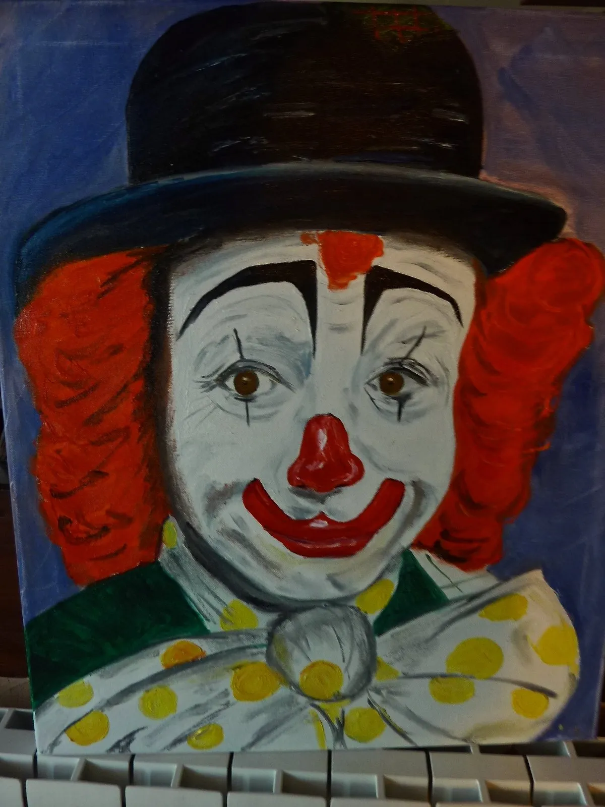 Clown joyeux et ahuri, huile de Béhenne