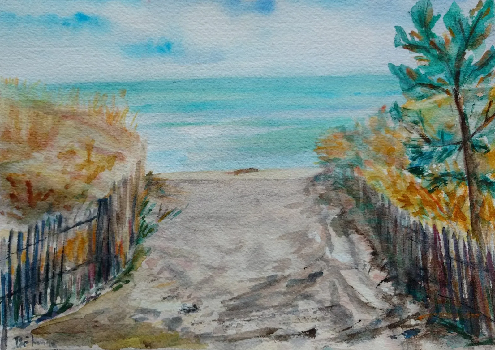 Descente à la plage, aquarelle de Béhenne