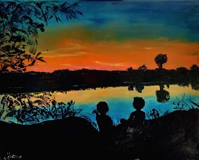 En contemplation sur le coucher de soleil, huile de Béhenne