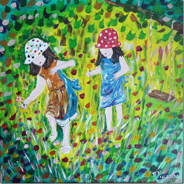Fillettes, fleurettes et balançoire, acrylique de Béhenne