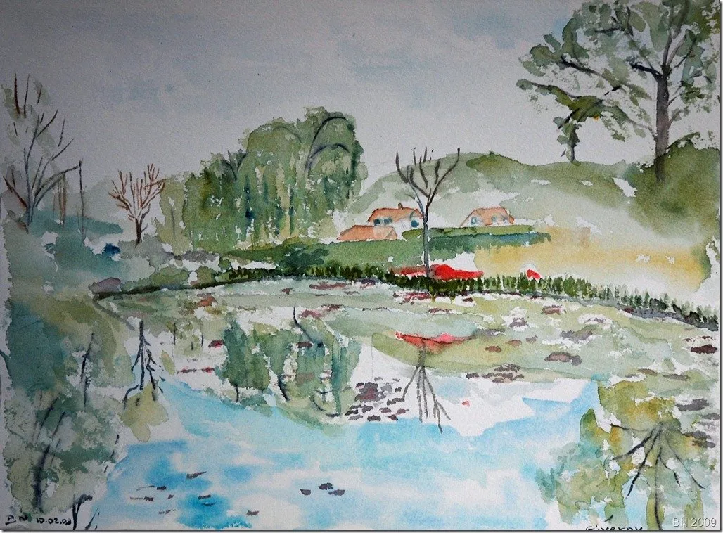 Giverny, reflets dans l’eau, aquarelle de Béhenne