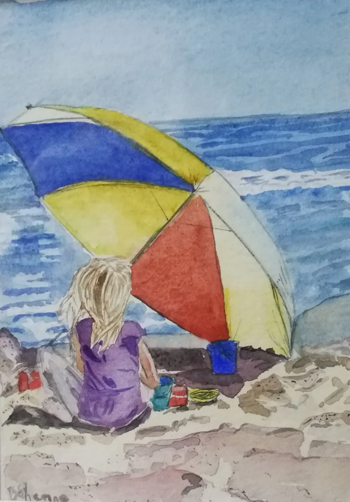 Je fais des pâtés de sable..., aquarelle de Béhenne
