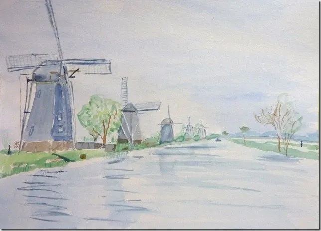 Kinderdijk et ses moulins (1990), aquarelle de Béhenne