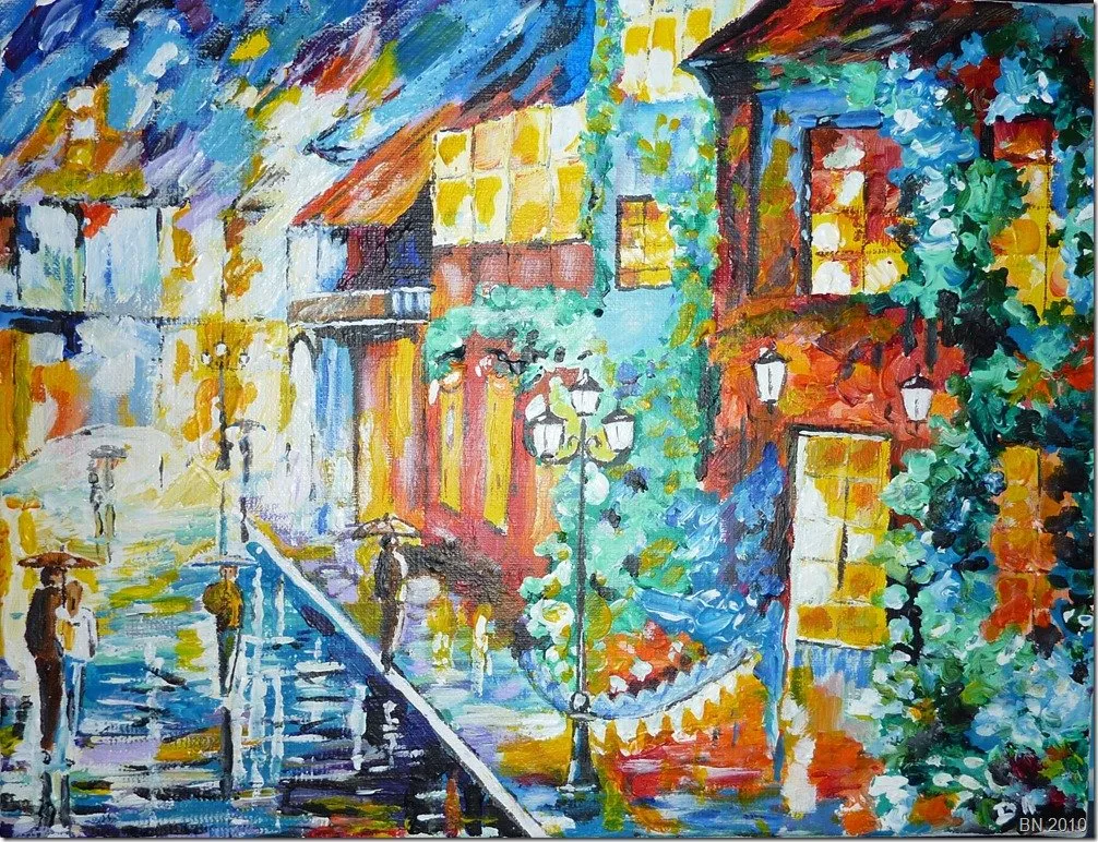 La pluie, le soir, acrylique de Béhenne