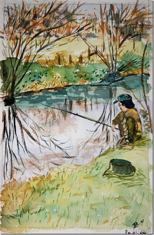 Le pêcheur au bord de l’eau, aquarelle de Béhenne