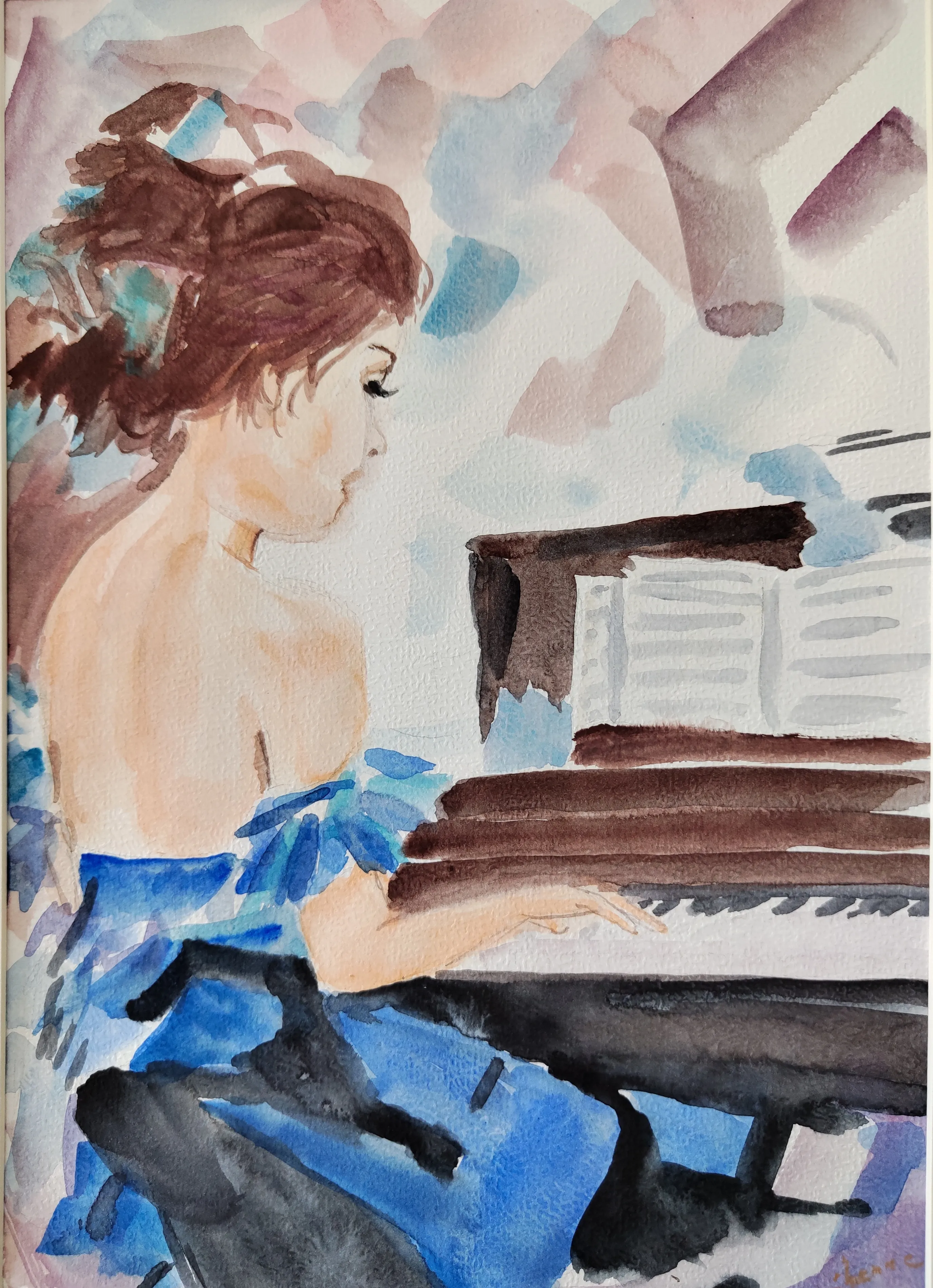 Le piano, aquarelle de Béhenne