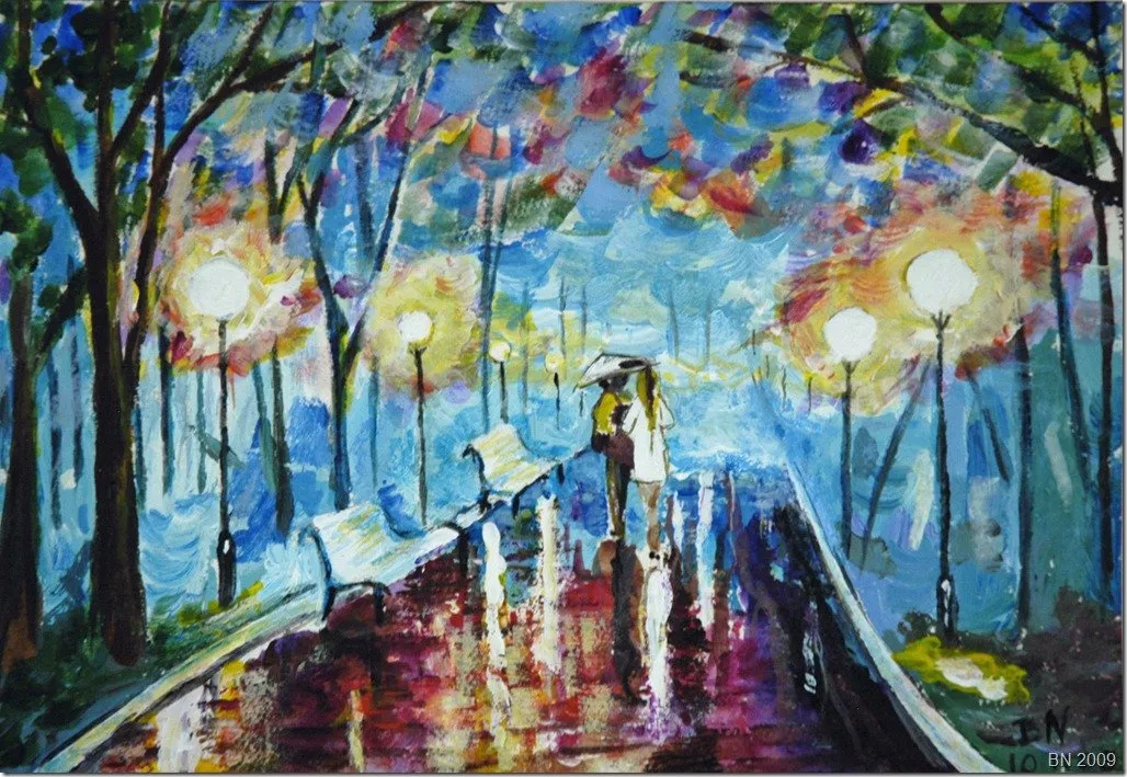 Les amoureux sous la pluie en automne, acrylique de Béhenne