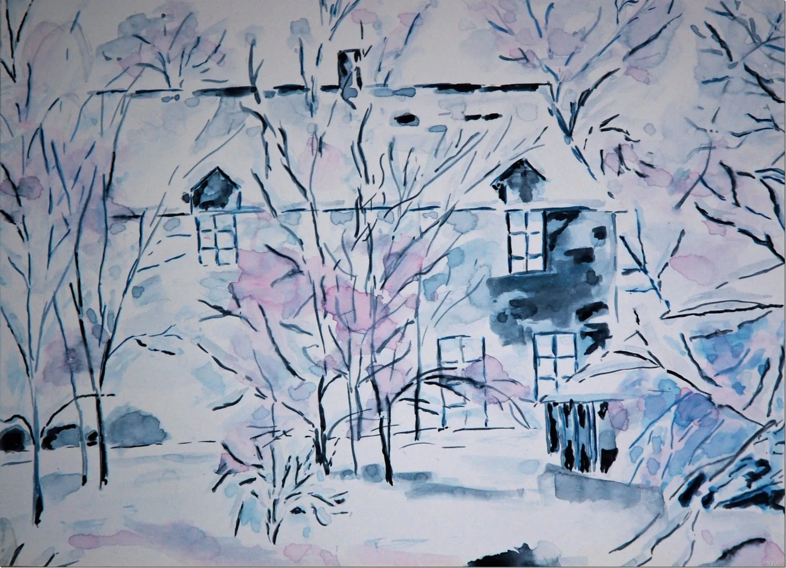 Maison bretonne sous la neige, bristol de Béhenne