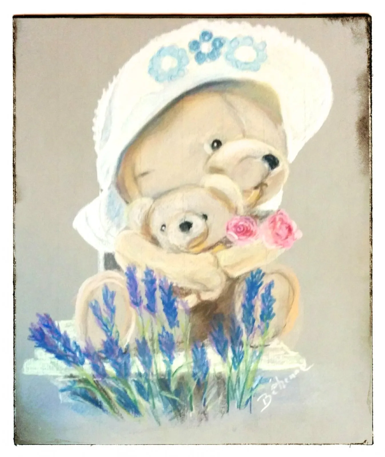 Maman et bébé ours, pastel de Béhenne