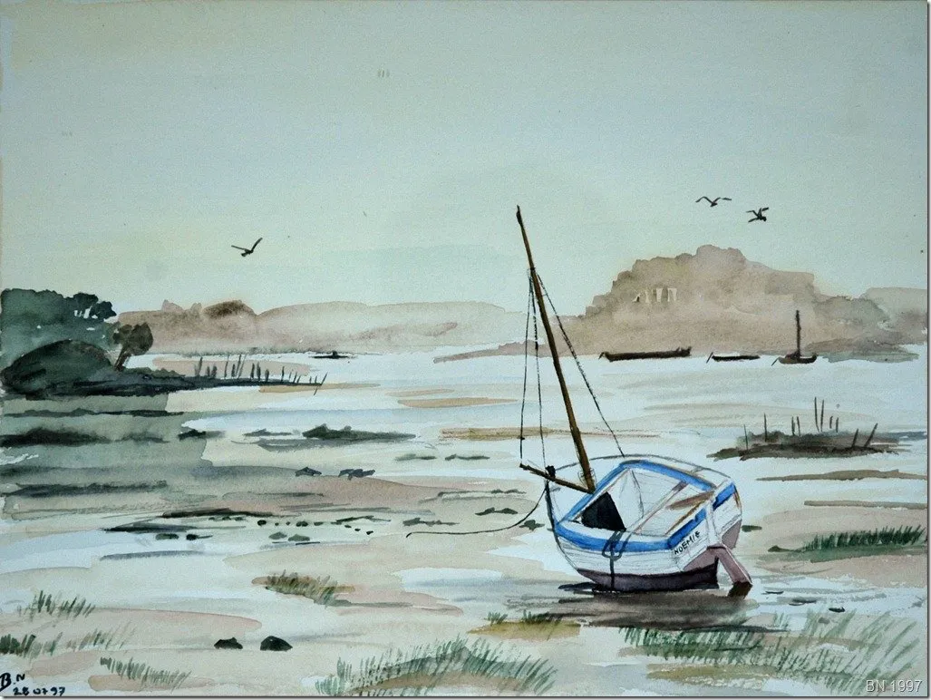 Noémie sur la grève, aquarelle de Béhenne