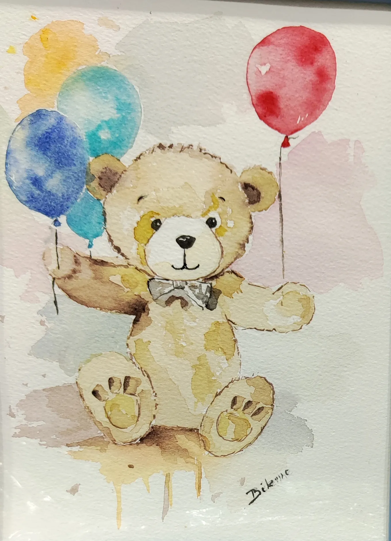 Nounours aux  ballons, aquarelle de Béhenne