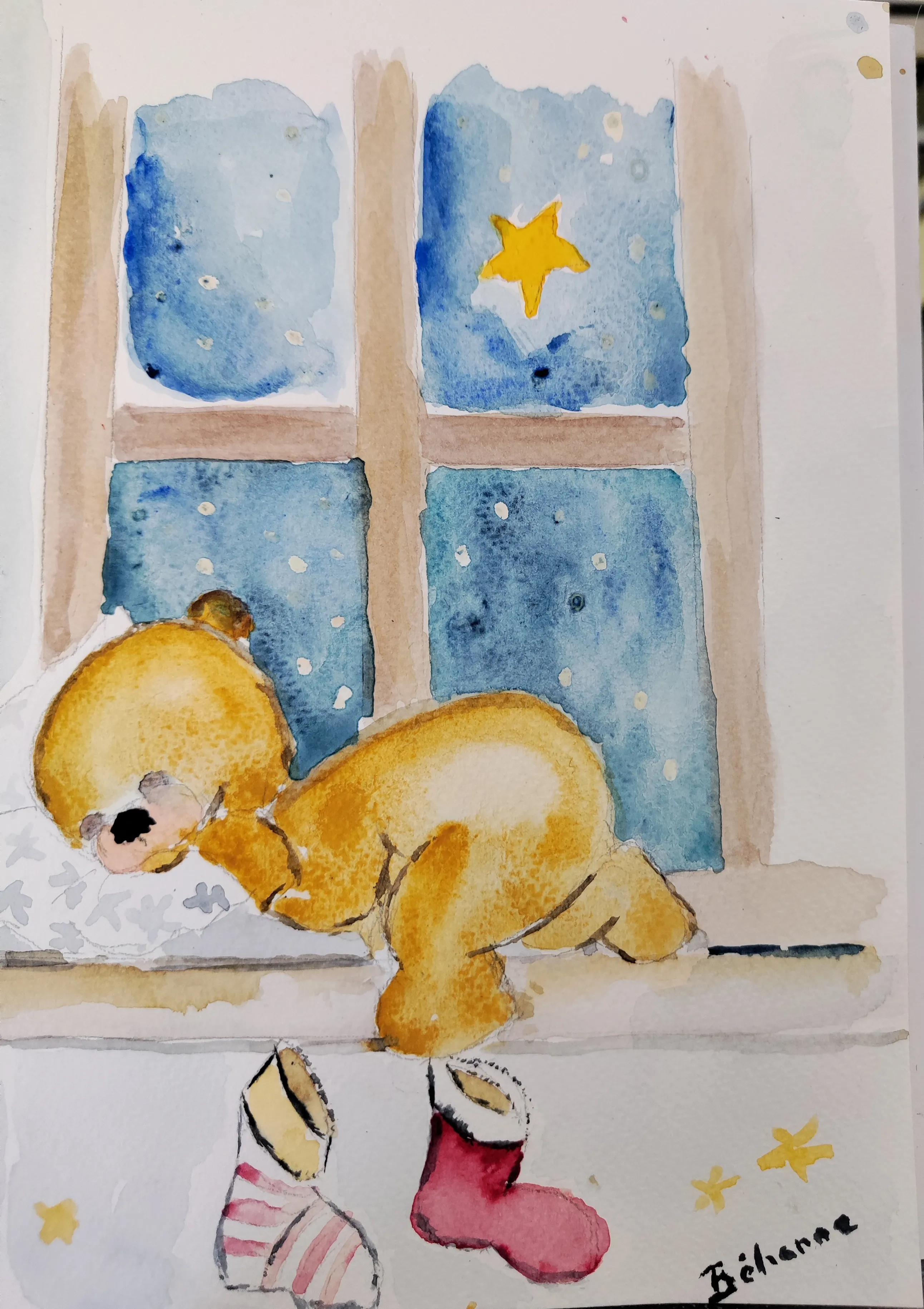 Nounours fait de beaux rêves, aquarelle de Béhenne