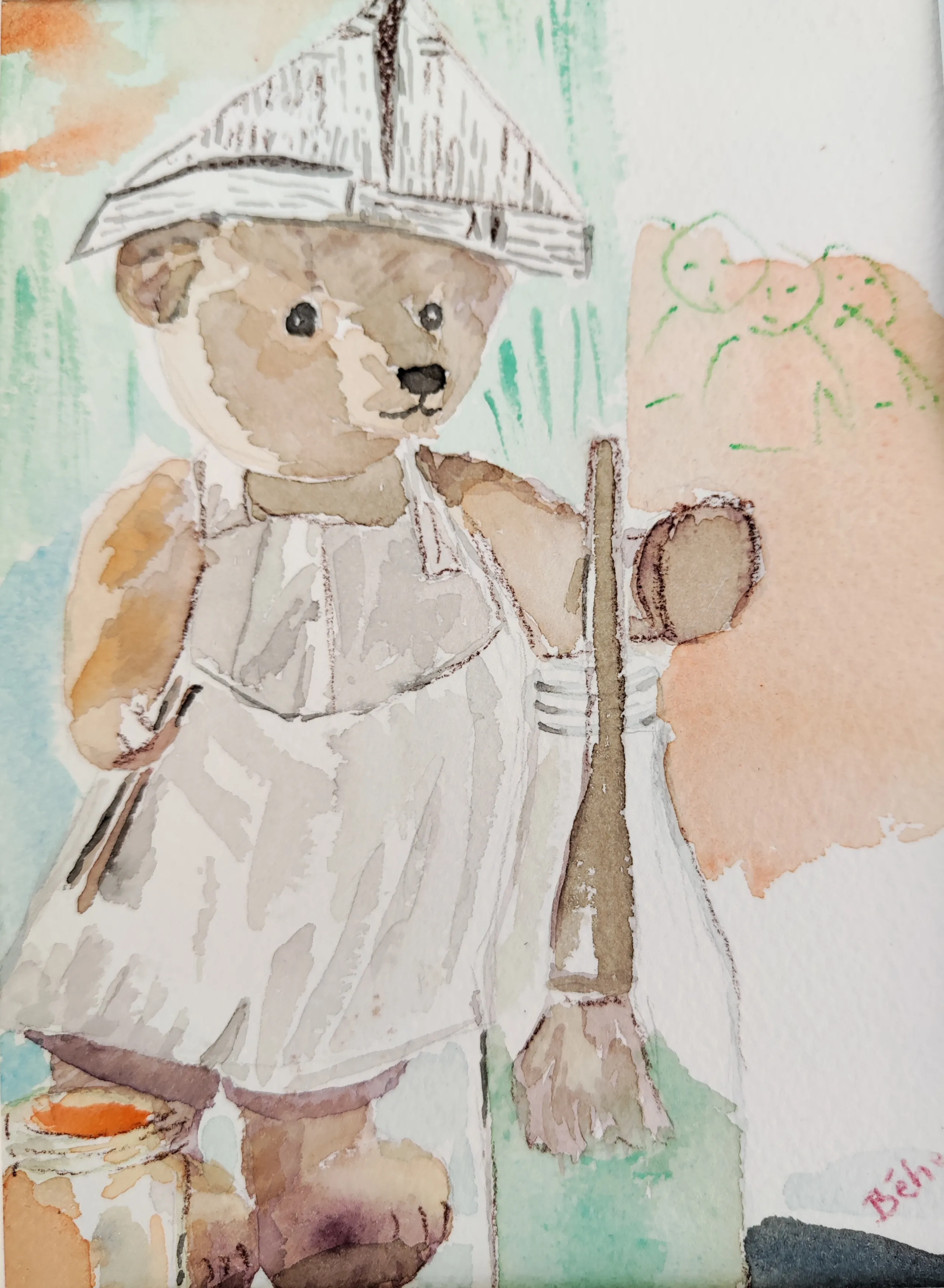 Nounours peint, aquarelle de Béhenne