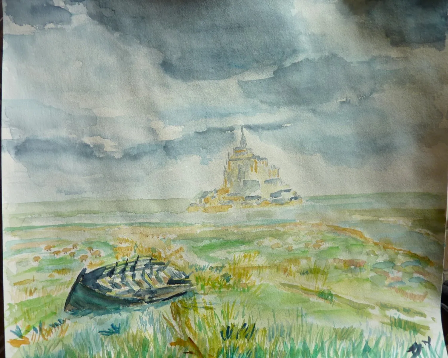 Nuages sur le mont saint michel, aquarelle de Béhenne