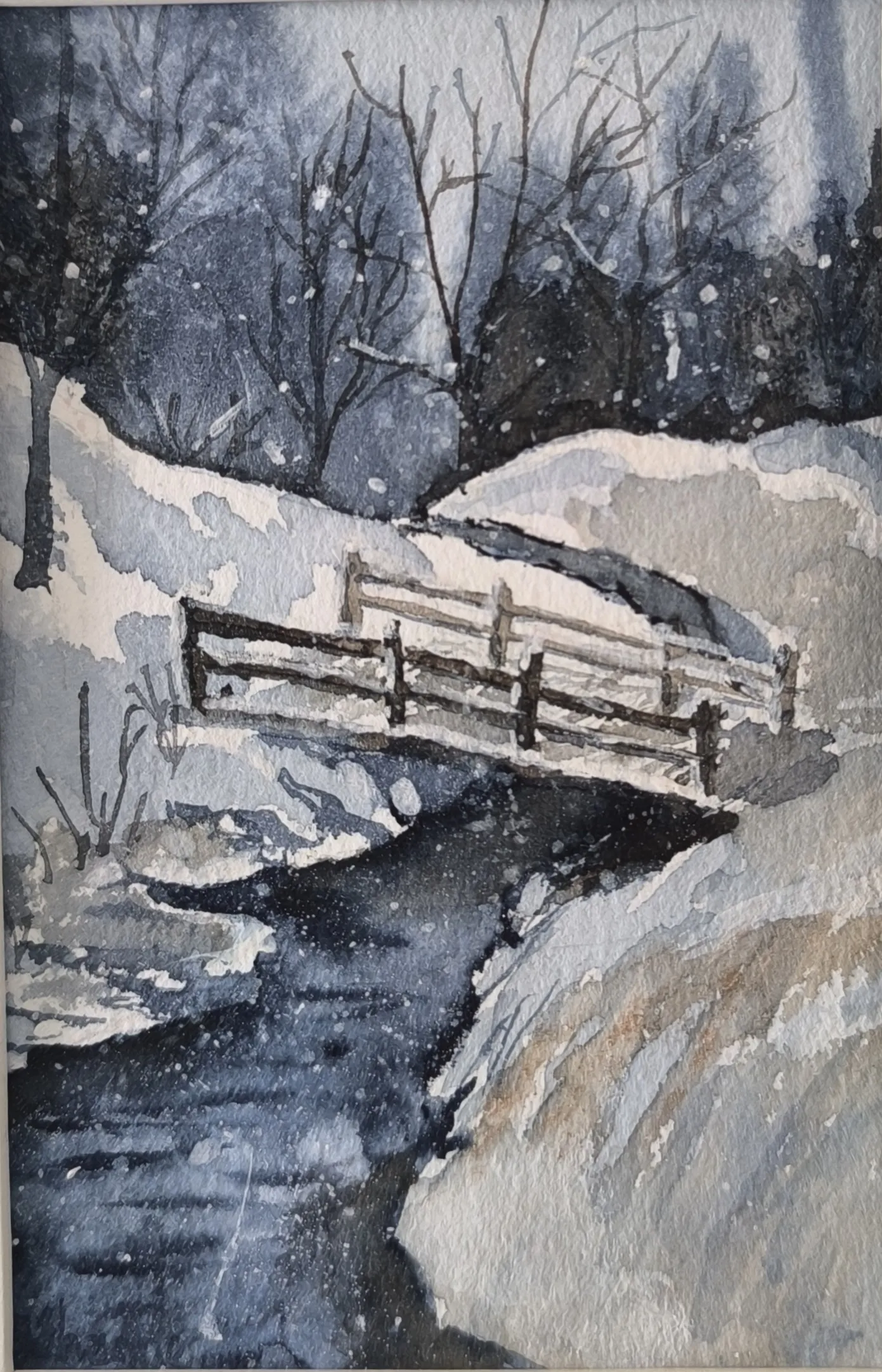 Ambiance  hivernale 1, aquarelle de Béhenne