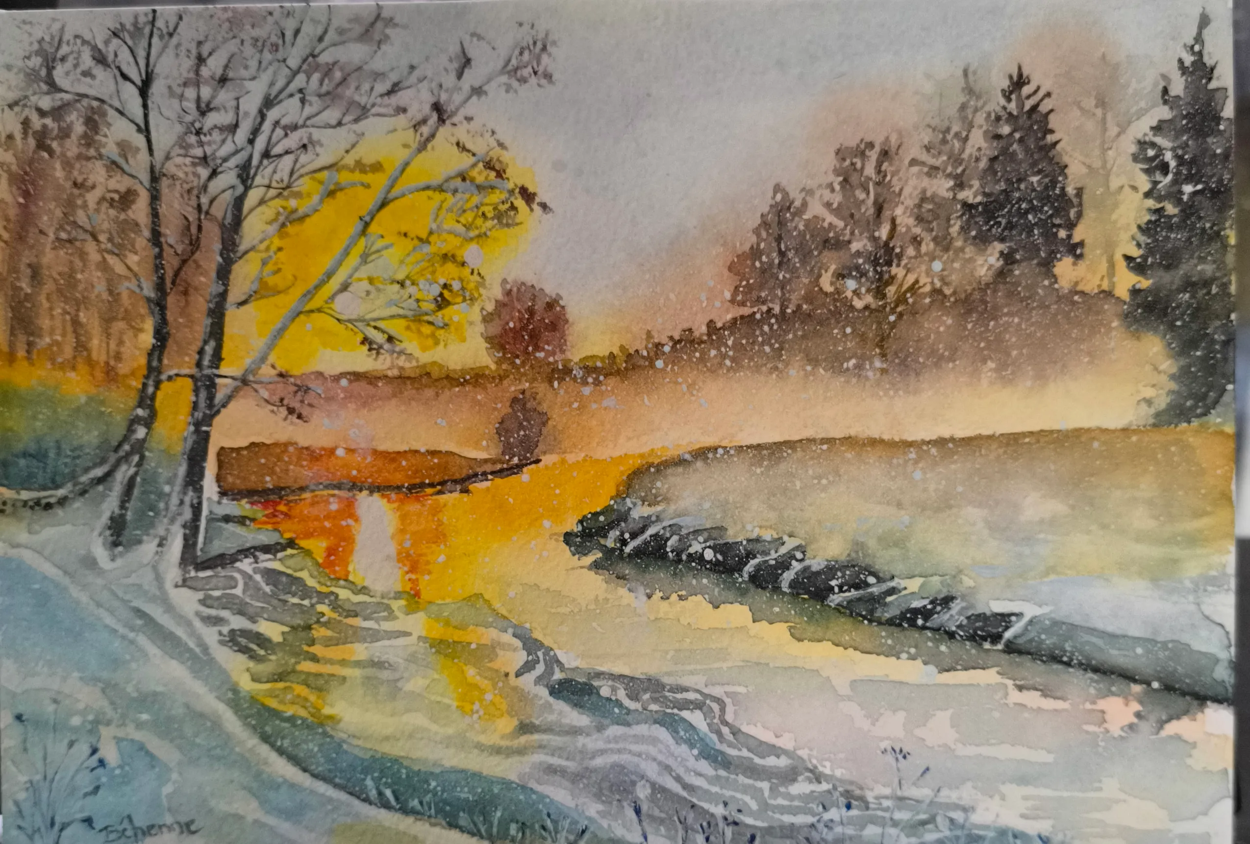 Un autre paysage d'hiver, aquarelle de Béhenne