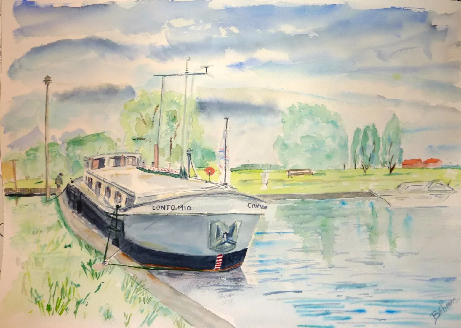 Péniche à quai..., aquarelle de Béhenne