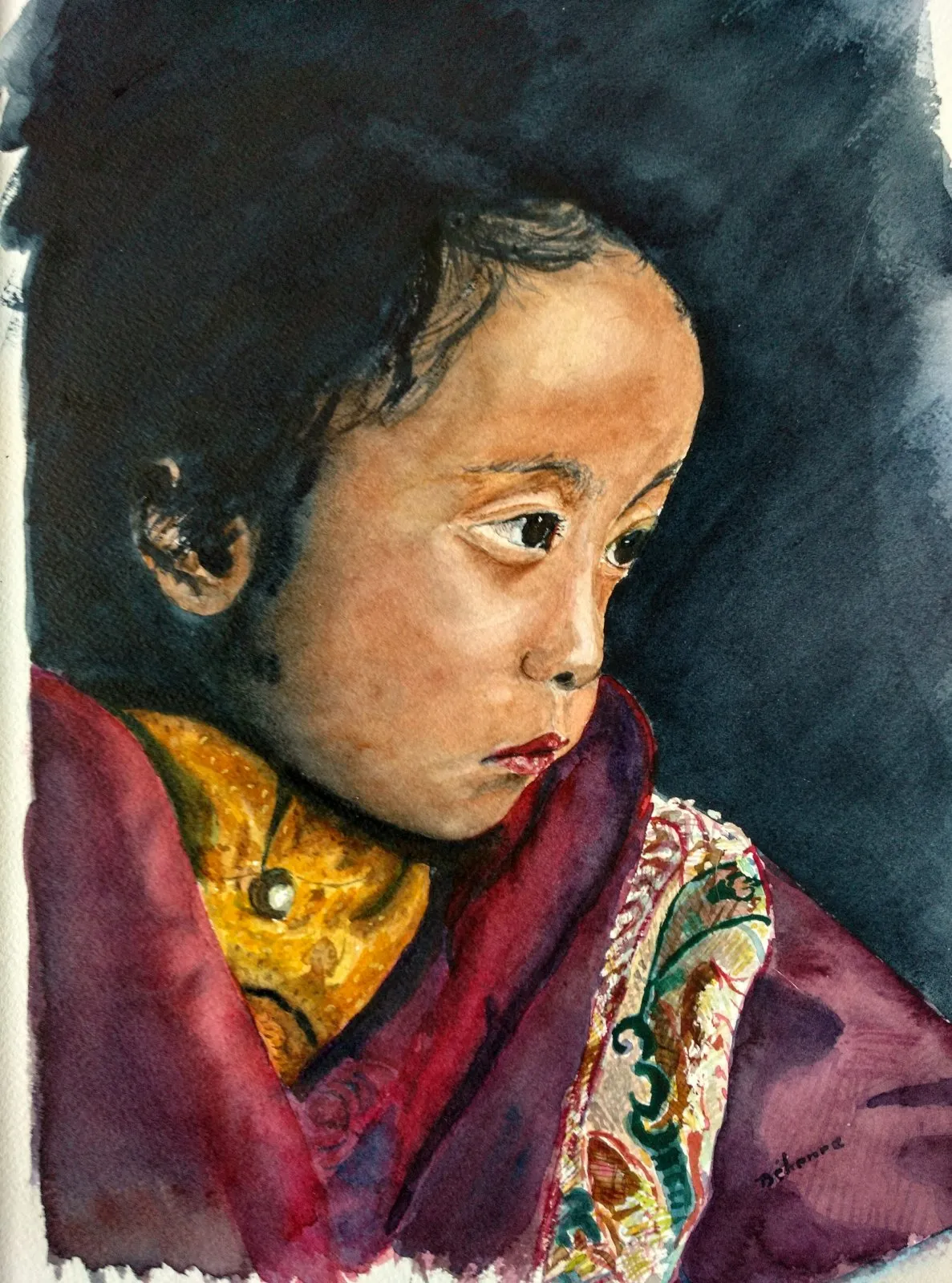 Petit moine de shéchèn au népal, aquarelle de Béhenne
