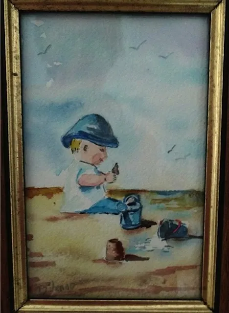 Petite gars à la plage, aquarelle de Béhenne