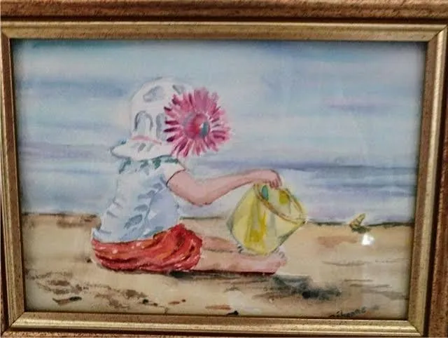 Petite fille et son seau, aquarelle de Béhenne