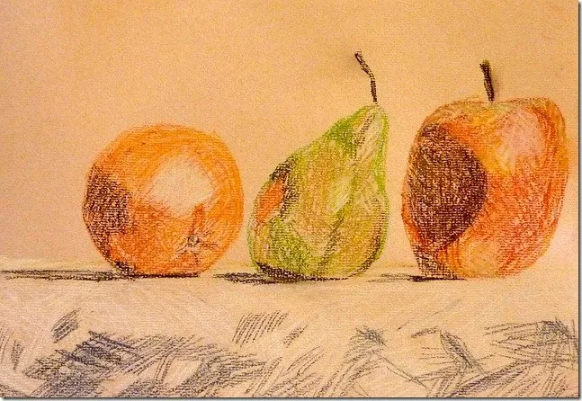 Pomme, poire et orange, pastel de Béhenne