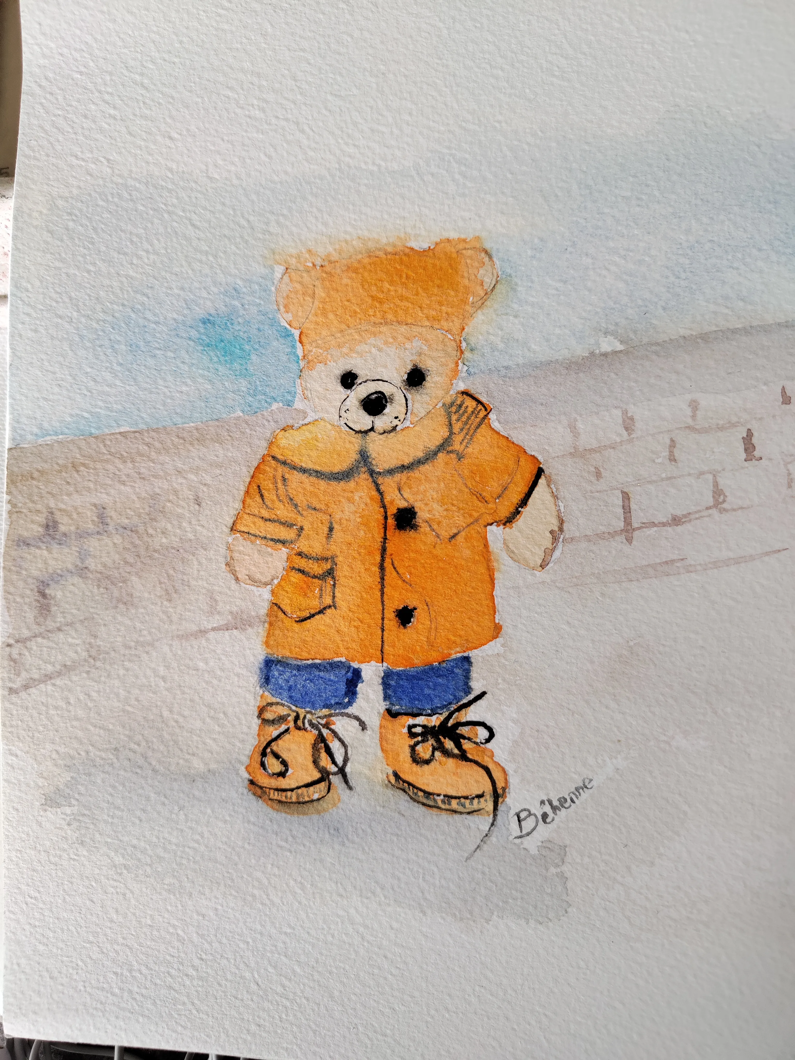 Premiers pas de Nounours, aquarelle de Béhenne