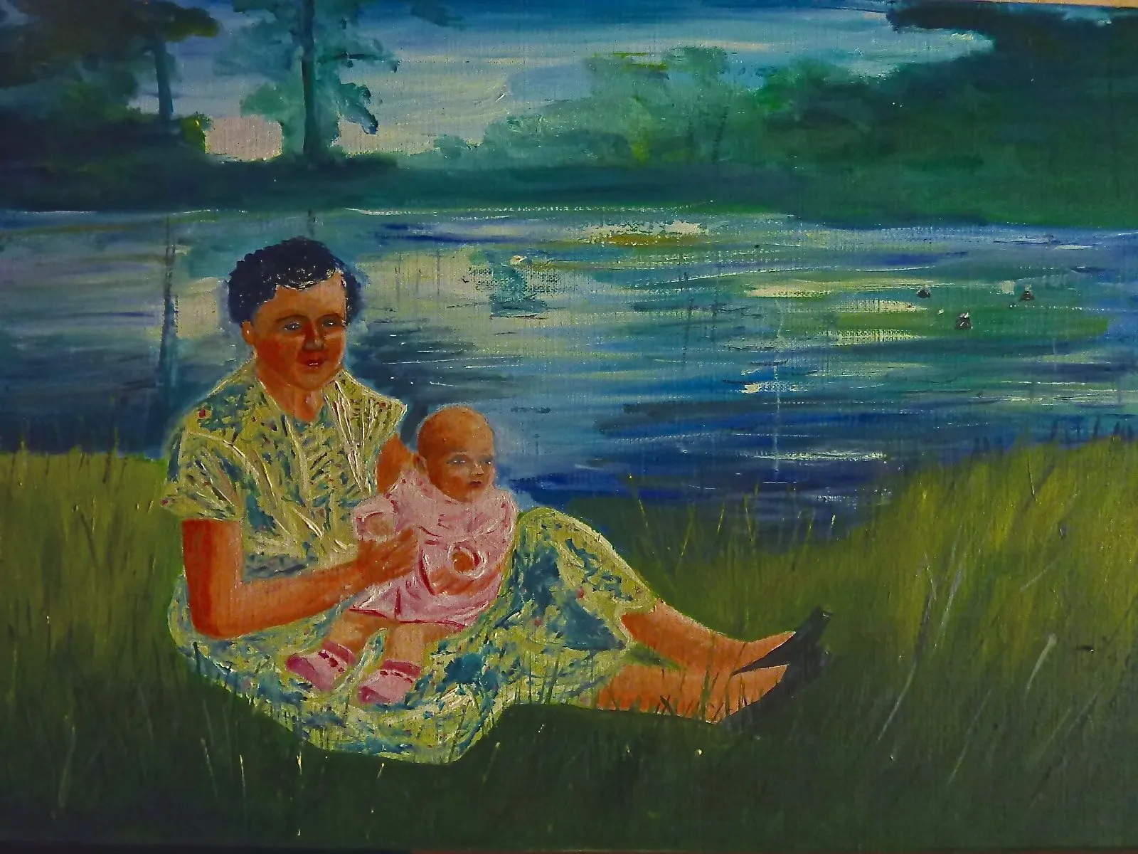 Romance de maman à son bébé, huile de Béhenne