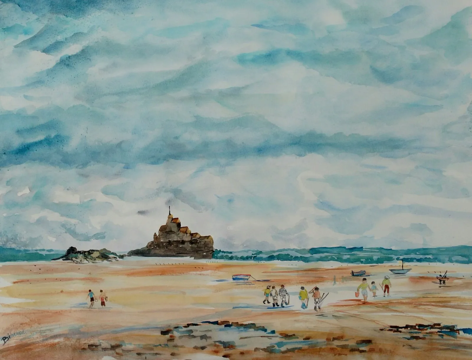 Saint jean le thomas, les pêcheurs de coquillages, aquarelle de Béhenne