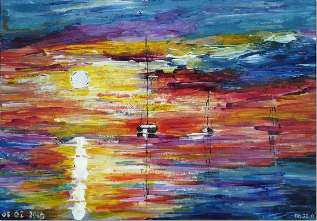 Soleil couchant en feu d’artifice sur la mer, acrylique de Béhenne