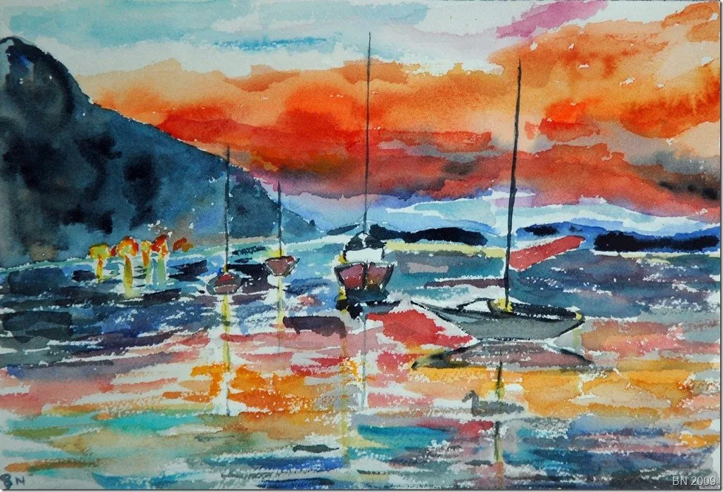 Soleil couchant sur la mer, aquarelle de Béhenne