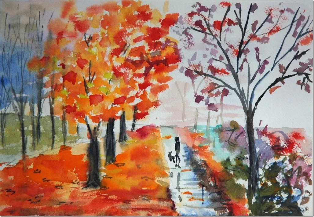 Sortir le chien en promenade, aquarelle de Béhenne