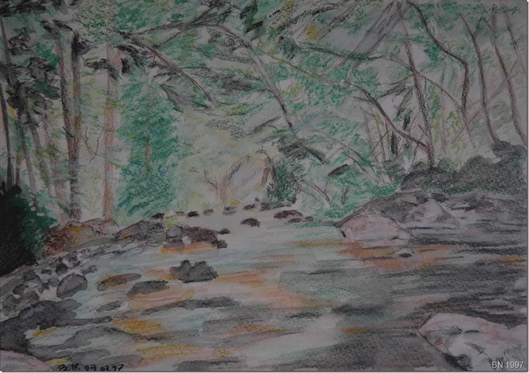 Rivière en sous bois, pastel de Béhenne