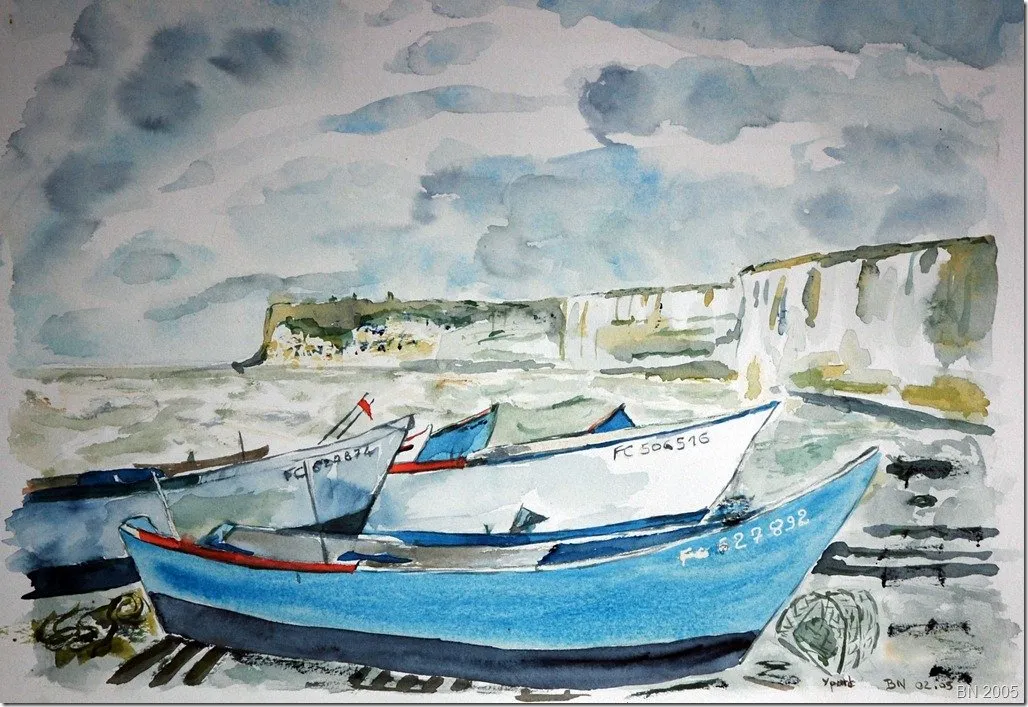 Yport, la plage et les falaises, aquarelle de Béhenne
